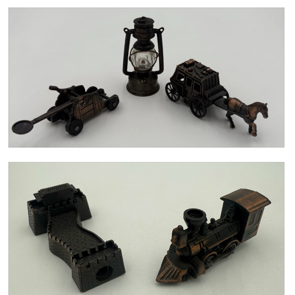 VTG Copper Die Cast Metal PENCIL SHARPENERS Lot of 5 Train Horse Cannon Lantern